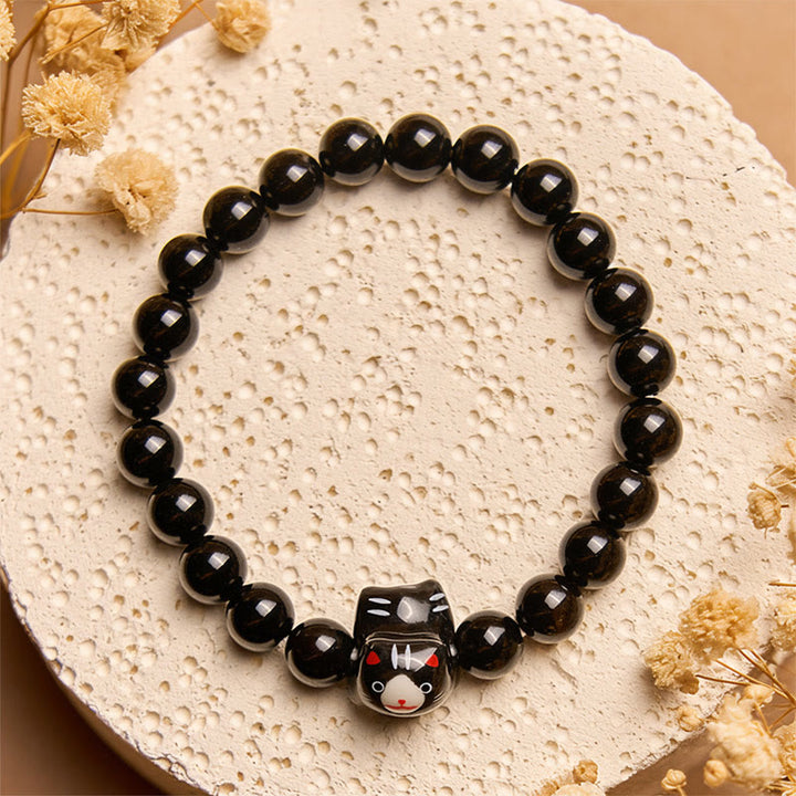 Pulsera de soporte de cerámica de ónix negro natural con Buddha Stones y gato negro - image 2
