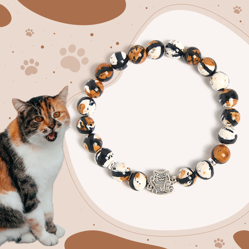 Pulsera de cuentas de piedra de gato calicó de plata de ley 925 con Buddha Stones - Gato calicó (circunferencia de muñeca 15-16 cm) - image 1