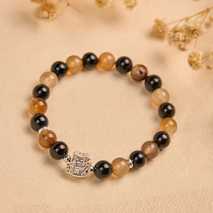 Pulsera Buddha Stones de plata de ley 925 con diseño de gato carey, ágata rayada marrón claro y ónix negro - image 2