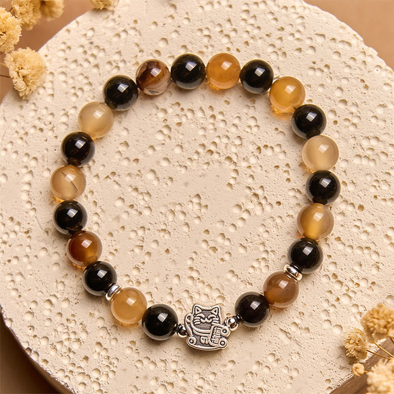 Pulsera Buddha Stones de plata de ley 925 con diseño de gato carey, ágata rayada marrón claro y ónix negro - image 3