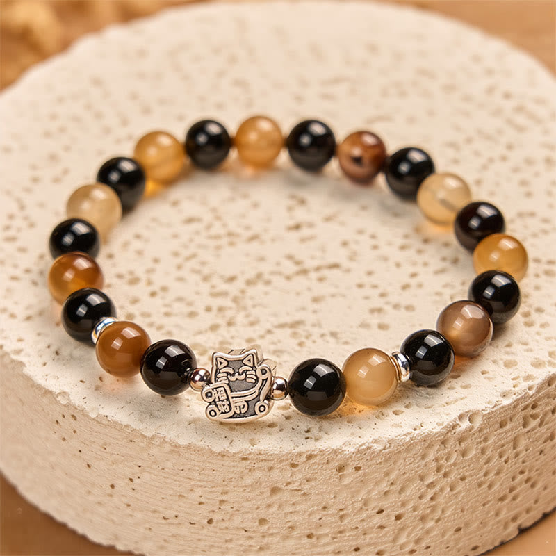 Pulsera Buddha Stones de plata de ley 925 con diseño de gato carey, ágata rayada marrón claro y ónix negro - image 4