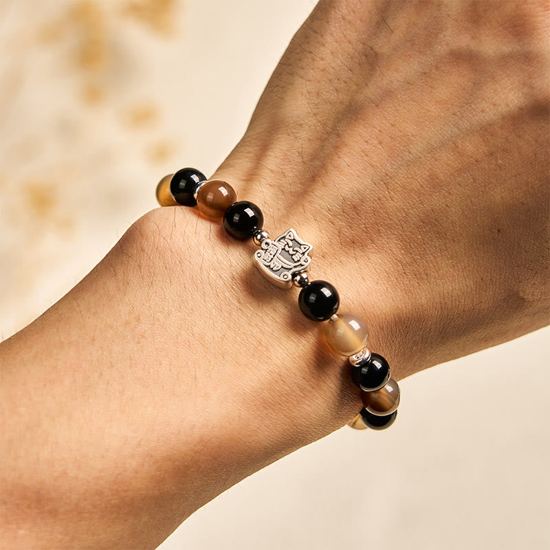 Pulsera Buddha Stones de plata de ley 925 con diseño de gato carey, ágata rayada marrón claro y ónix negro - image 5