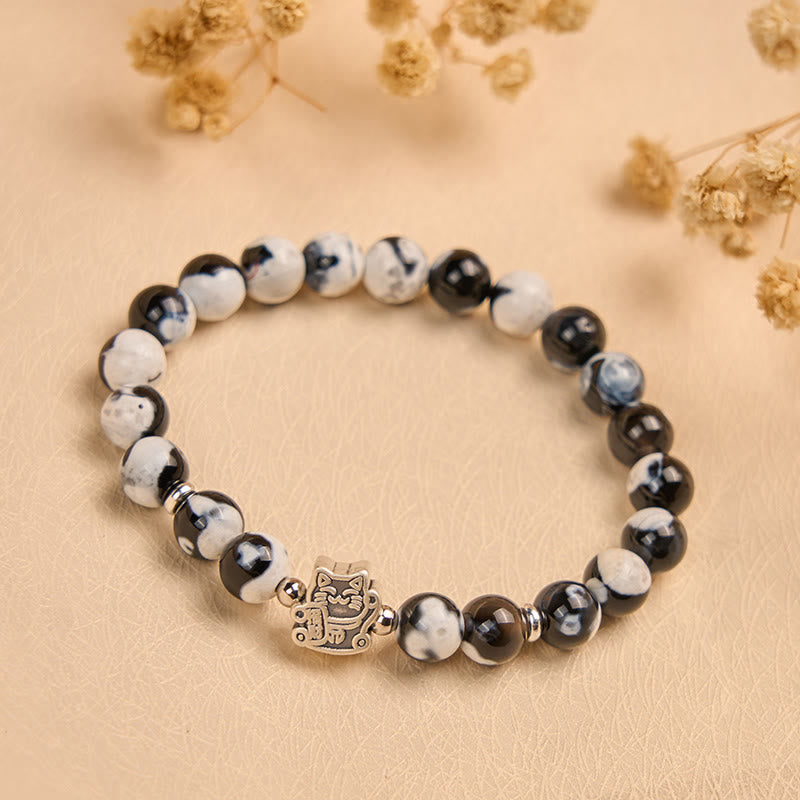 Pulsera de cuentas de ágata de fuego de gato blanco y negro de Buddha Stones en plata de ley 925 - image 2