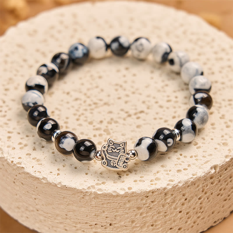 Pulsera de cuentas de ágata de fuego de gato blanco y negro de Buddha Stones en plata de ley 925 - image 4