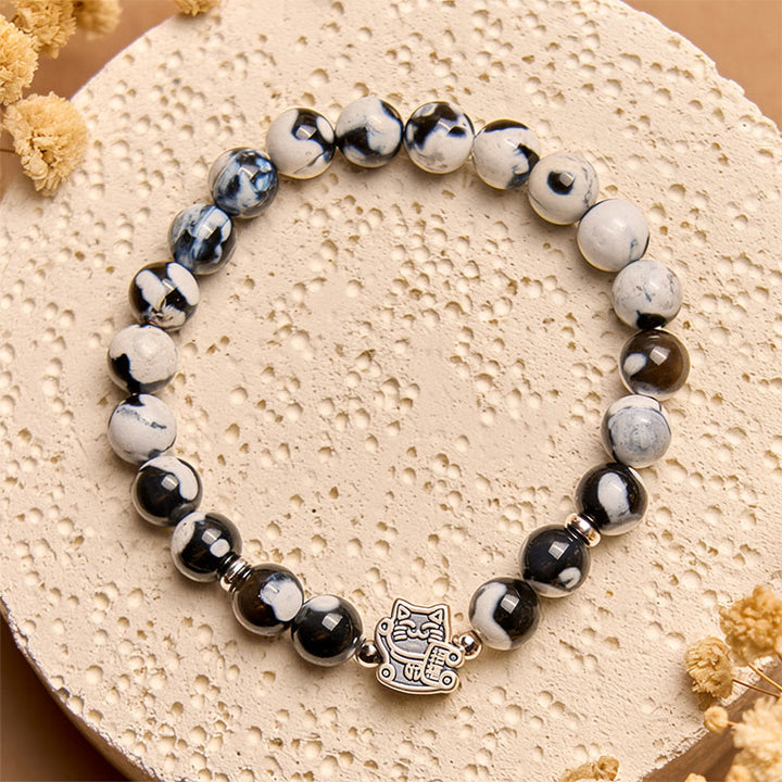 Pulsera de cuentas de ágata de fuego de gato blanco y negro de Buddha Stones en plata de ley 925 - image 3