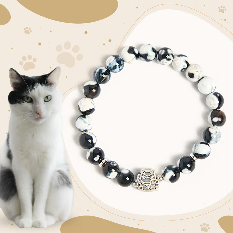 Pulsera de cuentas de ágata de fuego de gato blanco y negro de Buddha Stones en plata de ley 925 - Gato blanco y negro (circunferencia de muñeca 15-16 cm) - image 1