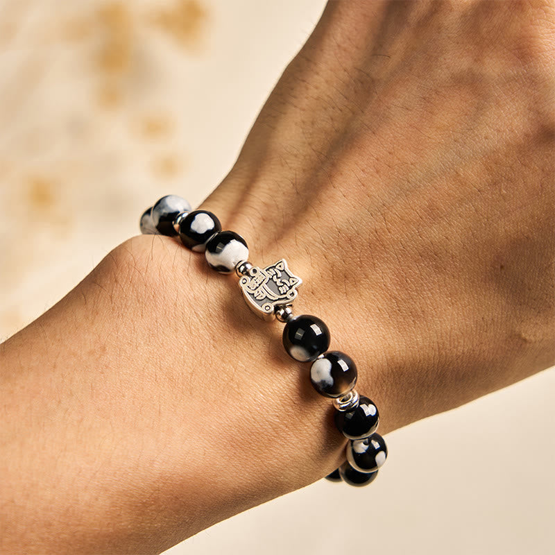 Pulsera de cuentas de ágata de fuego de gato blanco y negro de Buddha Stones en plata de ley 925 - image 5