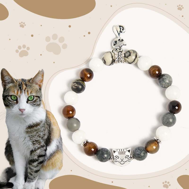 Pulsera de Buddha Stones con forma de gato tricolor, jaspe negro veteado, ágata rayada marrón y calcedonia. - Gato tricolor (circunferencia de muñeca 15-16 cm) - image 1
