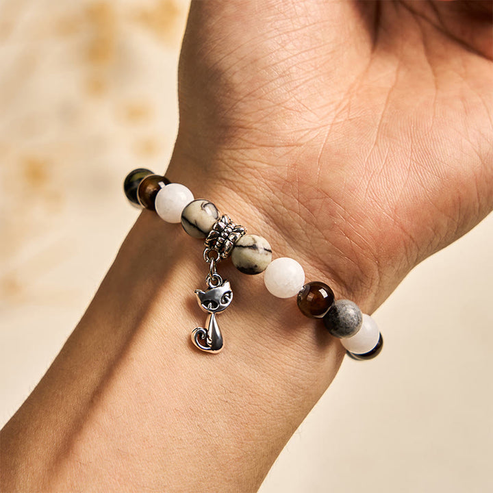Pulsera de Buddha Stones con forma de gato tricolor, jaspe negro veteado, ágata rayada marrón y calcedonia. - image 5