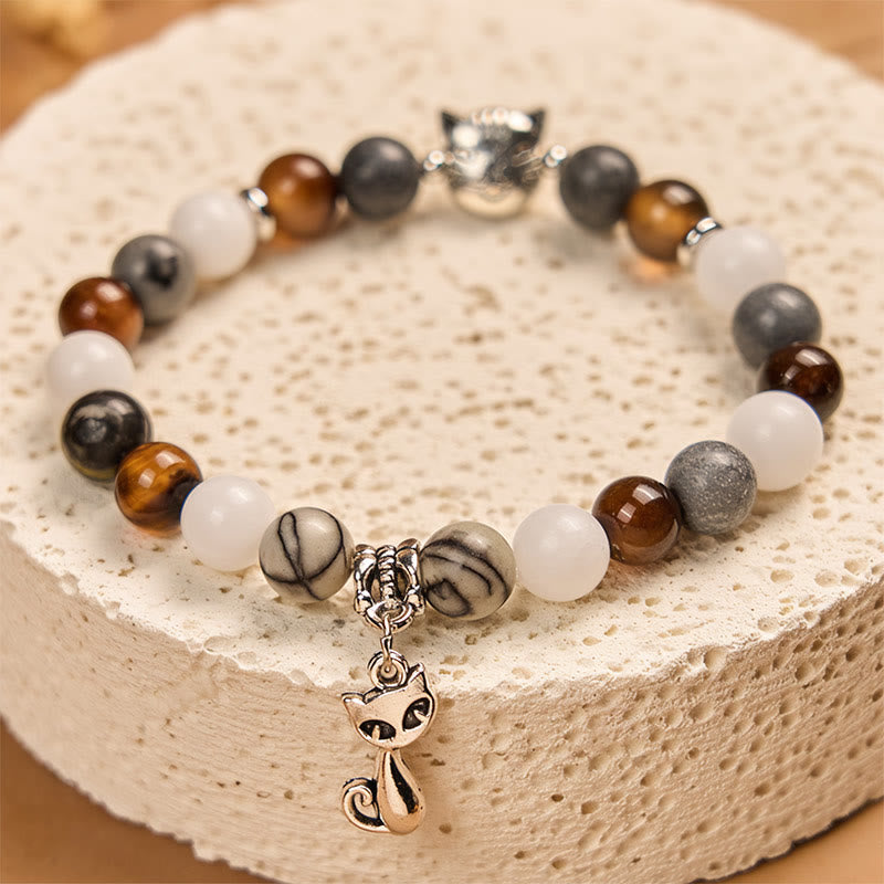 Pulsera de Buddha Stones con forma de gato tricolor, jaspe negro veteado, ágata rayada marrón y calcedonia. - image 4