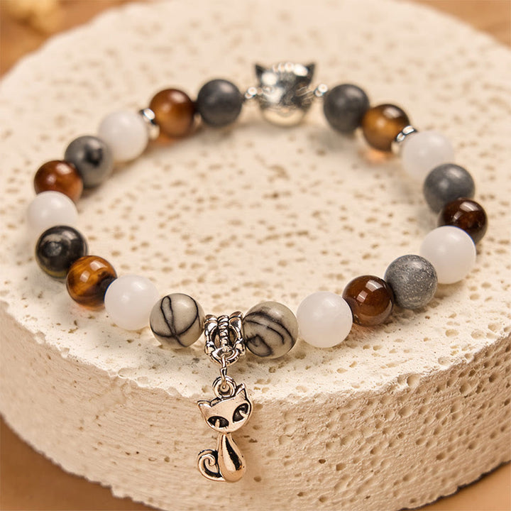 Pulsera de Buddha Stones con forma de gato tricolor, jaspe negro veteado, ágata rayada marrón y calcedonia. - image 4