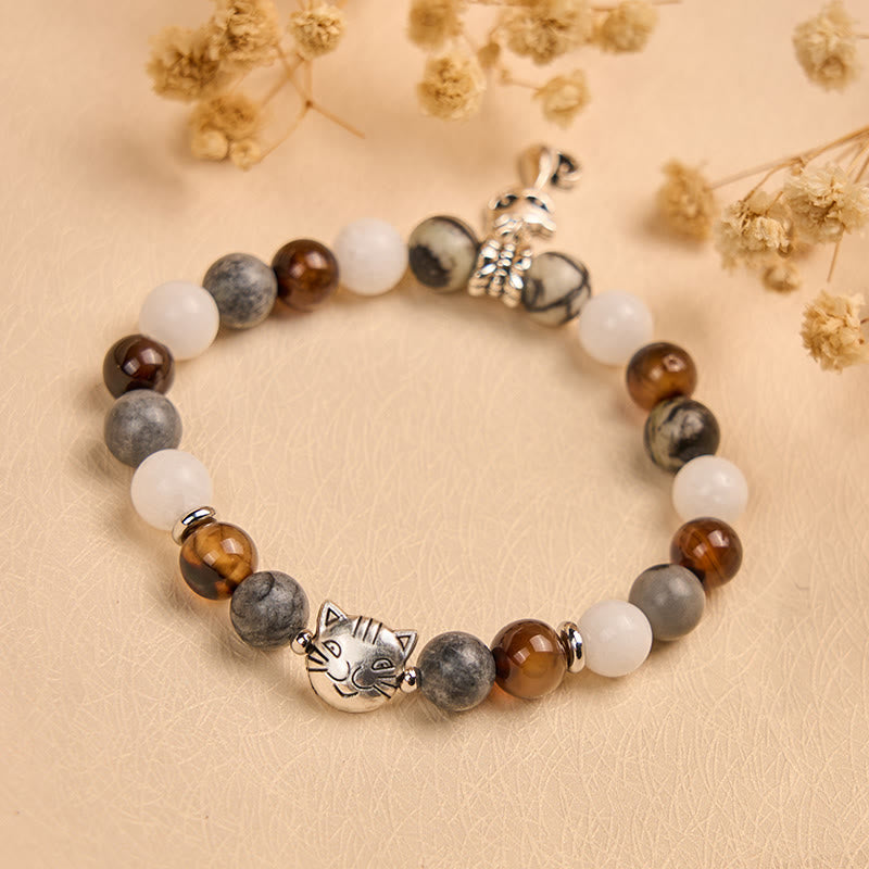 Pulsera de Buddha Stones con forma de gato tricolor, jaspe negro veteado, ágata rayada marrón y calcedonia. - image 2