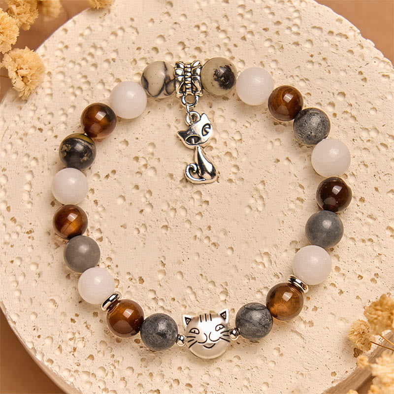 Pulsera de Buddha Stones con forma de gato tricolor, jaspe negro veteado, ágata rayada marrón y calcedonia. - image 3