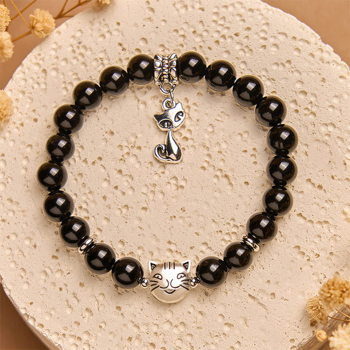 Pulsera de soporte para gatitos de ónix negro natural con Buddha Stones y gato negro - image 3