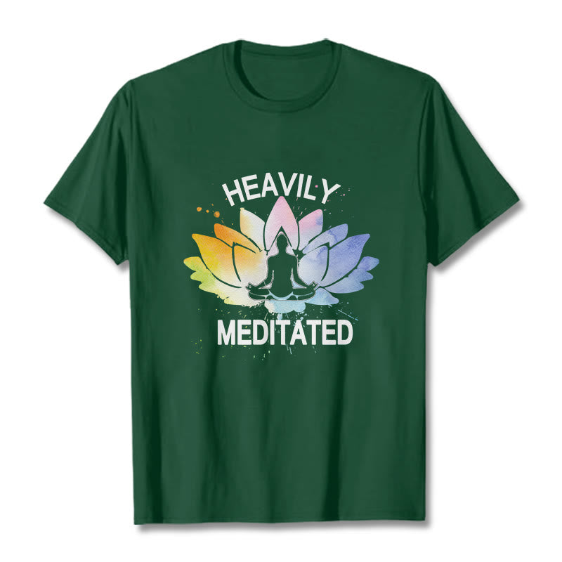Camiseta de algodón con estampado de figura de meditación de flor de loto colorida y Buddha Stones - Verde bosque - 2XL - image 11