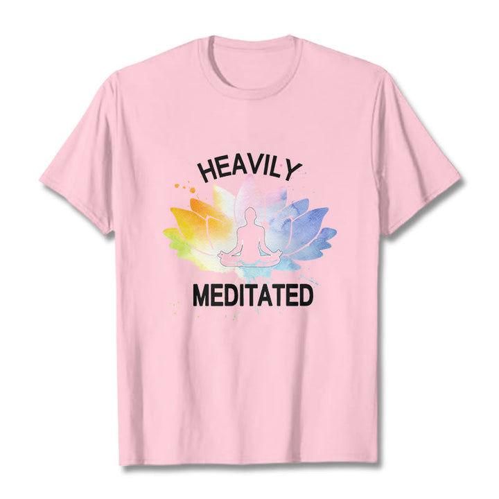 Camiseta de algodón con estampado de figura de meditación de flor de loto colorida y Buddha Stones - Rosa claro - 2XL - image 13