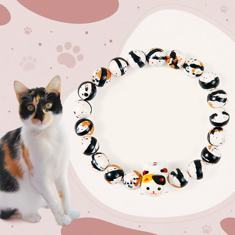 Pulsera de fuerza con cabeza de gatito de cerámica y piedra natural de gato calicó de Buddha Stones - Gato calicó (circunferencia de muñeca 15-16 cm) - image 1