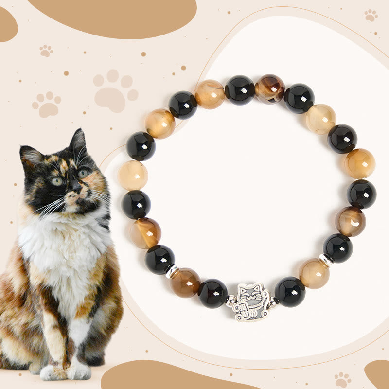 Pulsera Buddha Stones de plata de ley 925 con diseño de gato carey, ágata rayada marrón claro y ónix negro - Gato carey (circunferencia de muñeca: 15-16 cm) - image 1