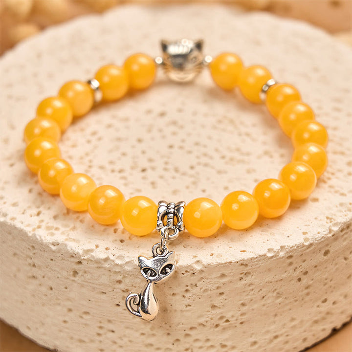 Pulsera de positividad de calcedonia amarilla con gato atigrado naranja y Buddha Stones - image 1