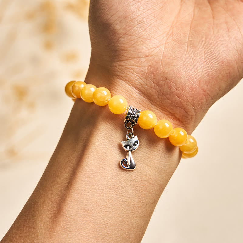 Pulsera de positividad de calcedonia amarilla con gato atigrado naranja y Buddha Stones - image 4