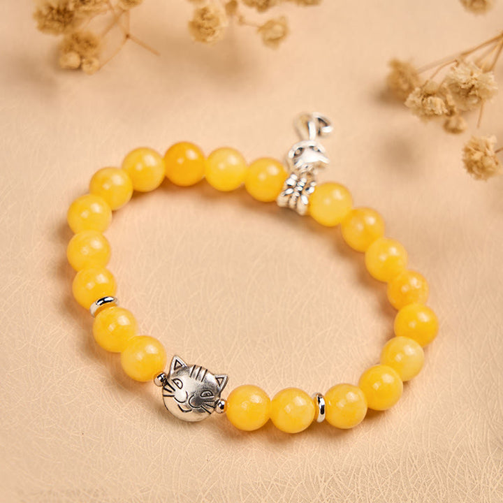 Pulsera de positividad de calcedonia amarilla con gato atigrado naranja y Buddha Stones - image 3