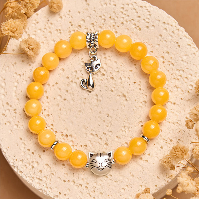 Pulsera de positividad de calcedonia amarilla con gato atigrado naranja y Buddha Stones - image 2