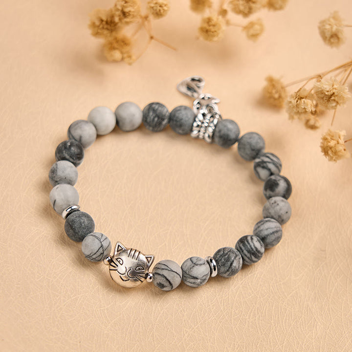 Pulsera de jaspe veteado negro natural con diseño de gato atigrado gris de Buddha Stones - image 3