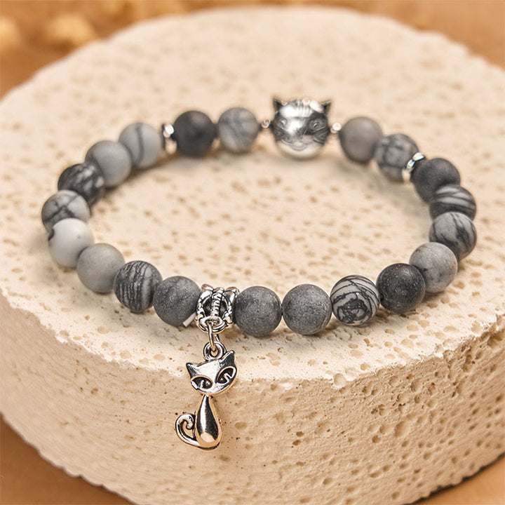 Pulsera de jaspe veteado negro natural con diseño de gato atigrado gris de Buddha Stones - image 2