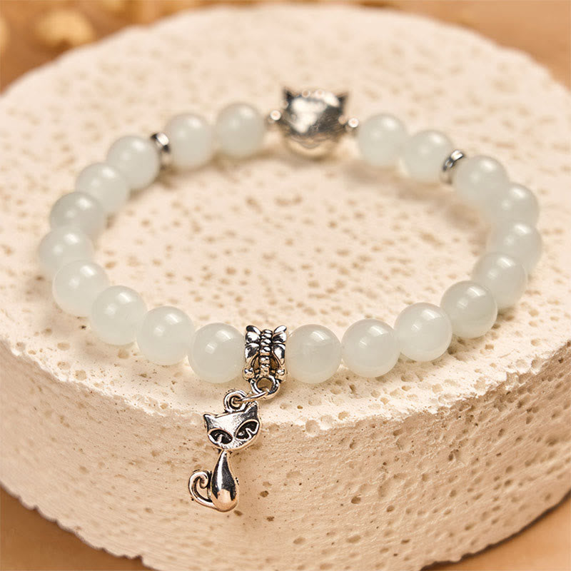 Pulsera de jade blanco con Buddha Stones y gato blanco para la suerte - image 2