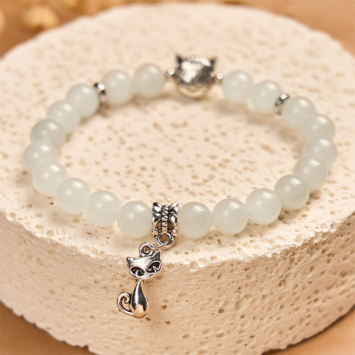 Pulsera de jade blanco con Buddha Stones y gato blanco para la suerte - image 2