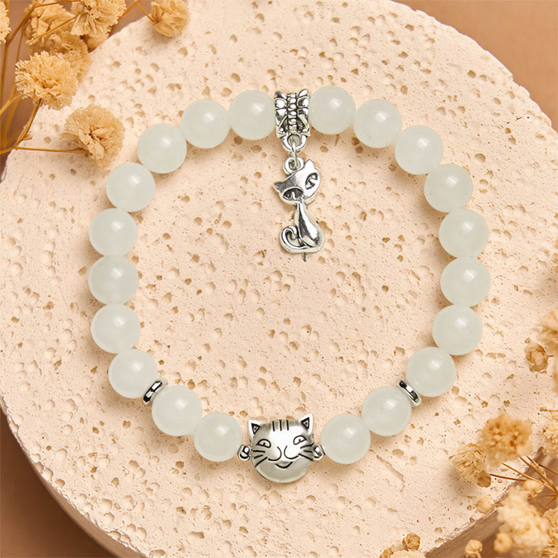Pulsera de jade blanco con Buddha Stones y gato blanco para la suerte - image 1