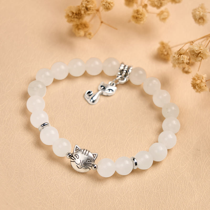 Pulsera de jade blanco con Buddha Stones y gato blanco para la suerte - image 3