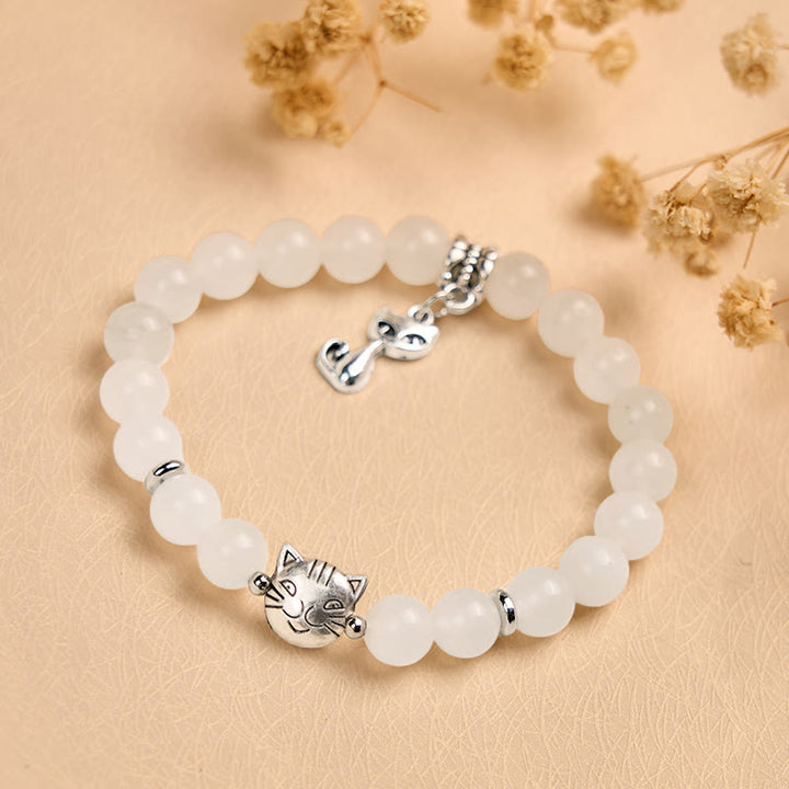 Pulsera de jade blanco con Buddha Stones y gato blanco para la suerte - image 3