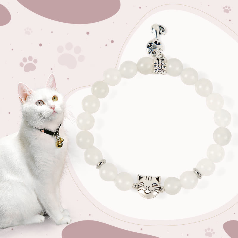 Pulsera de jade blanco con Buddha Stones y gato blanco para la suerte - Gato blanco (circunferencia de muñeca 15-16 cm) - image 0