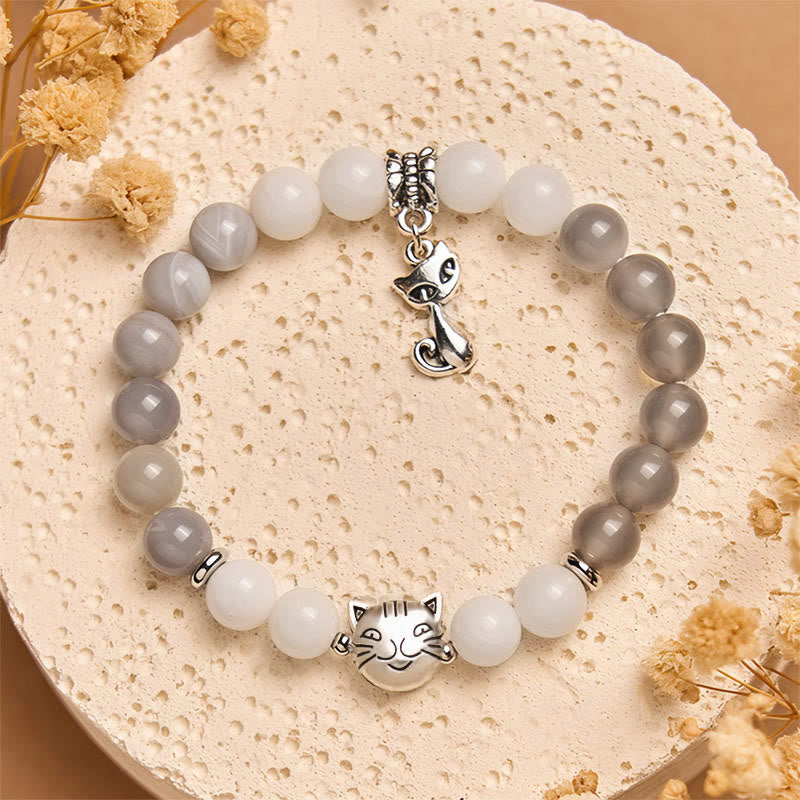 Pulsera de soporte de calcedonia y ágata rayada gris con diseño de gato de trapo de Buddha Stones - image 2