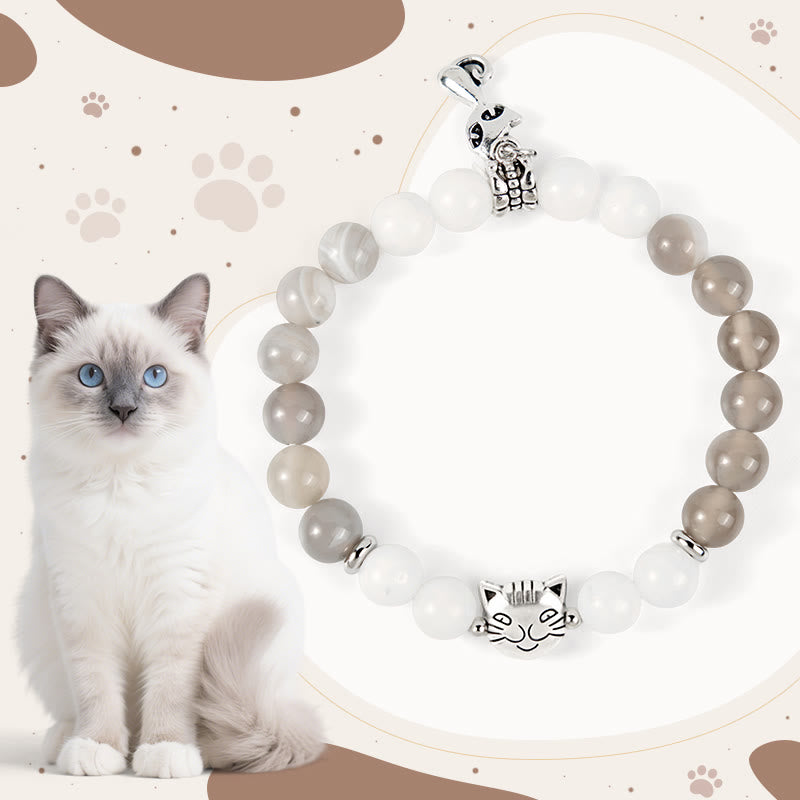 Pulsera de soporte de calcedonia y ágata rayada gris con diseño de gato de trapo de Buddha Stones - Gato Ragdoll (circunferencia de muñeca: 15-16 cm) - image 1