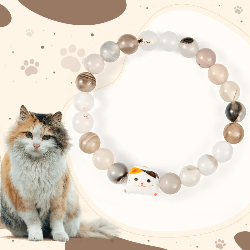 Pulsera de poder con cabeza de gatito de cerámica y piedra de ágata natural de Buddha Stones y gato calicó - Gato calicó (circunferencia de muñeca 15-16 cm) - image 1