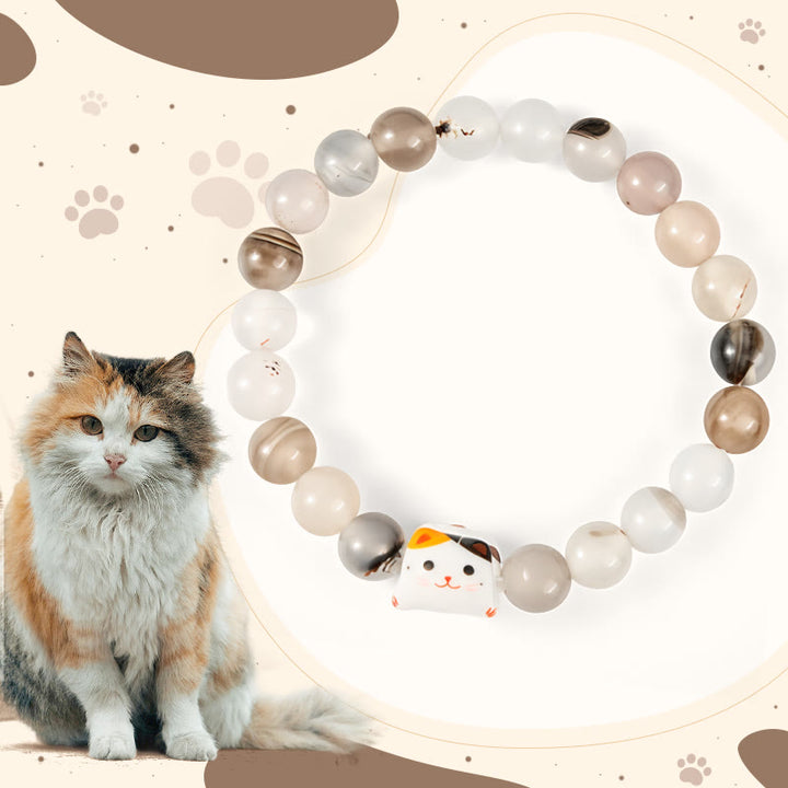 Pulsera de poder con cabeza de gatito de cerámica y piedra de ágata natural de Buddha Stones y gato calicó - Gato calicó (circunferencia de muñeca 15-16 cm) - image 1