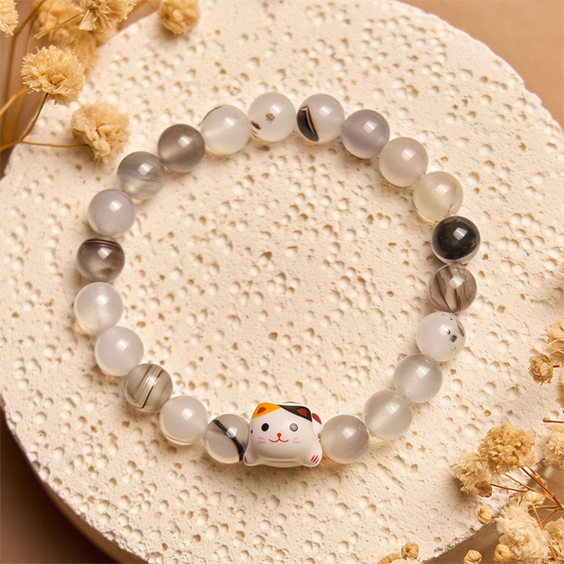 Pulsera de poder con cabeza de gatito de cerámica y piedra de ágata natural de Buddha Stones y gato calicó - image 2