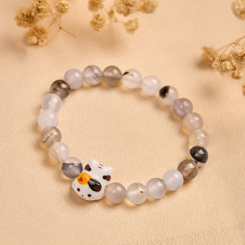 Pulsera de poder con cabeza de gatito de cerámica y piedra de ágata natural de Buddha Stones y gato calicó - image 4