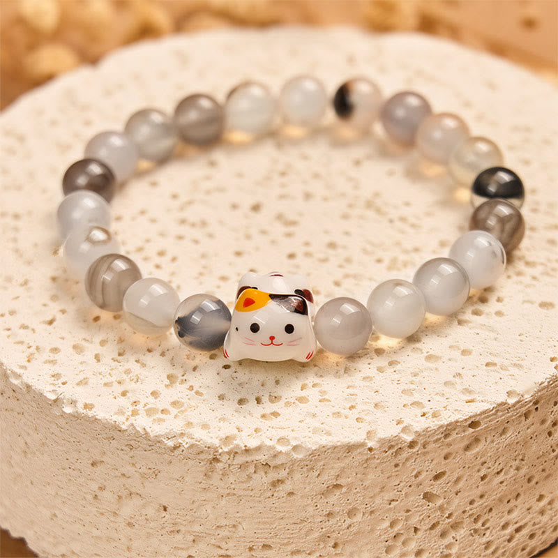 Pulsera de poder con cabeza de gatito de cerámica y piedra de ágata natural de Buddha Stones y gato calicó - image 3