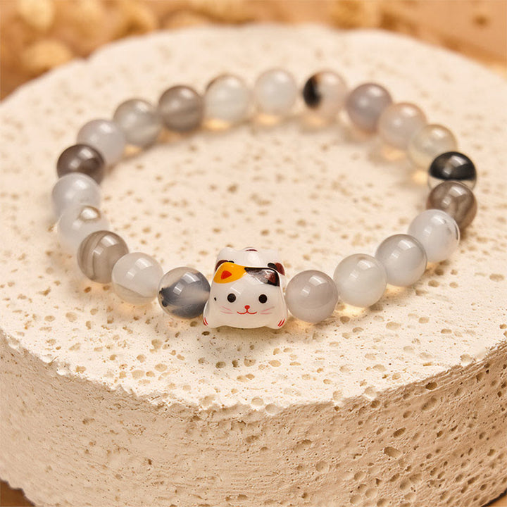 Pulsera de poder con cabeza de gatito de cerámica y piedra de ágata natural de Buddha Stones y gato calicó - image 3