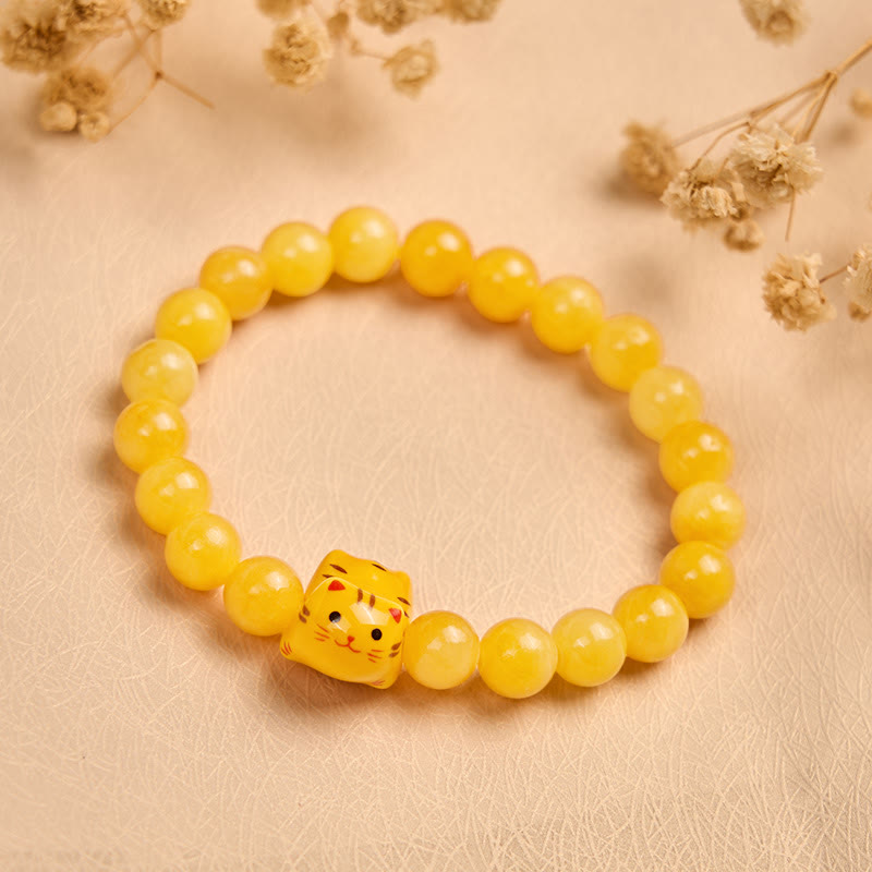 Pulsera de cerámica con diseño de gato atigrado naranja y calcedonia amarilla con Buddha Stones - image 2