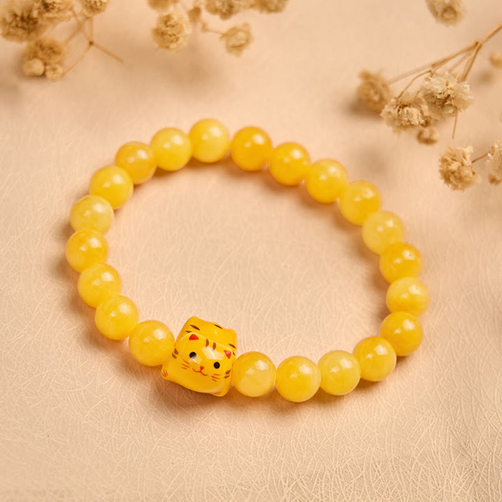 Pulsera de cerámica con diseño de gato atigrado naranja y calcedonia amarilla con Buddha Stones - image 2