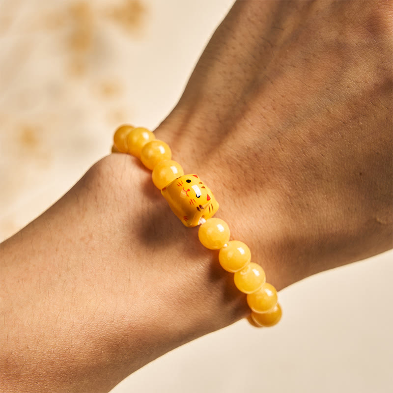Pulsera de cerámica con diseño de gato atigrado naranja y calcedonia amarilla con Buddha Stones - image 5