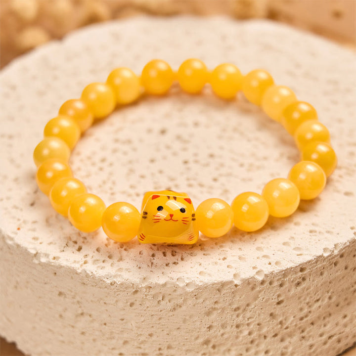 Pulsera de cerámica con diseño de gato atigrado naranja y calcedonia amarilla con Buddha Stones - image 4