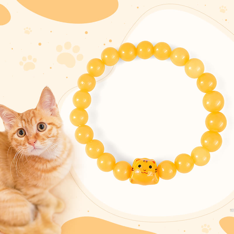 Pulsera de cerámica con diseño de gato atigrado naranja y calcedonia amarilla con Buddha Stones - Gato atigrado naranja (circunferencia de muñeca: 15-16 cm) - image 1