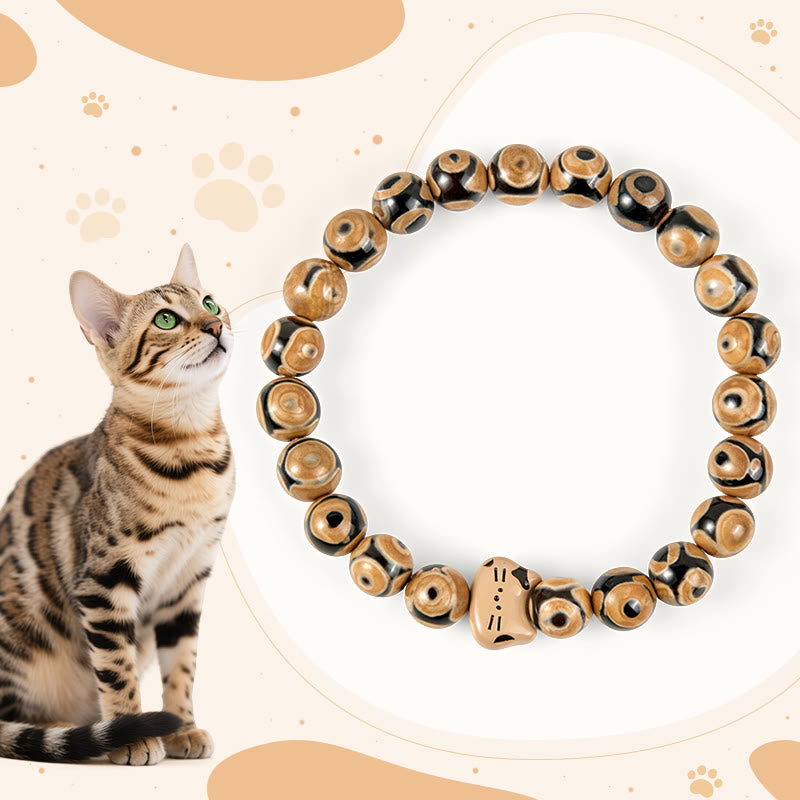 Pulsera elegante con cabeza de gatito y piedra de ágata natural de gato de Bengala de Buddha Stones - Gato de Bengala (circunferencia de muñeca 15-16 cm) - image 0