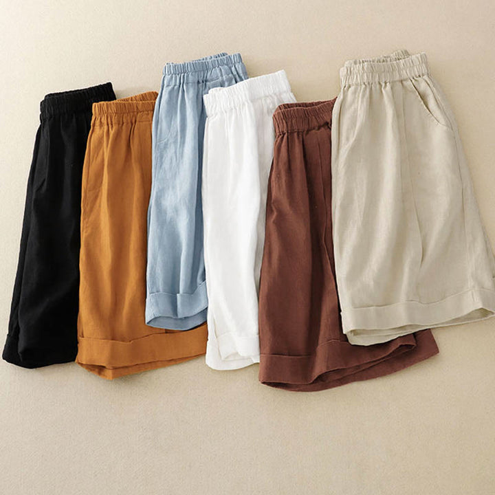 Pantalones cortos casuales de algodón de color sólido con bolsillos para mujer con Buddha Stones - image 36