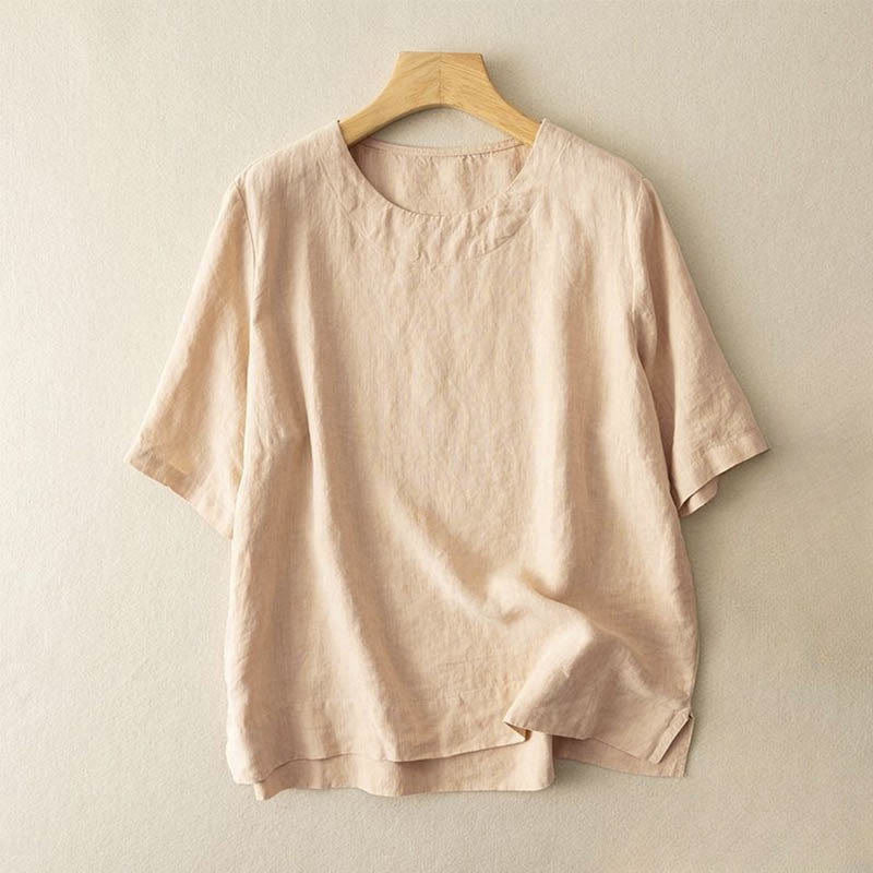 Camiseta de algodón para mujer con cuello redondo, manga corta y abertura lateral, con estampado de Buddha Stones - Caqui - US12, UK/AU16, EU44 (3XL) - image 3